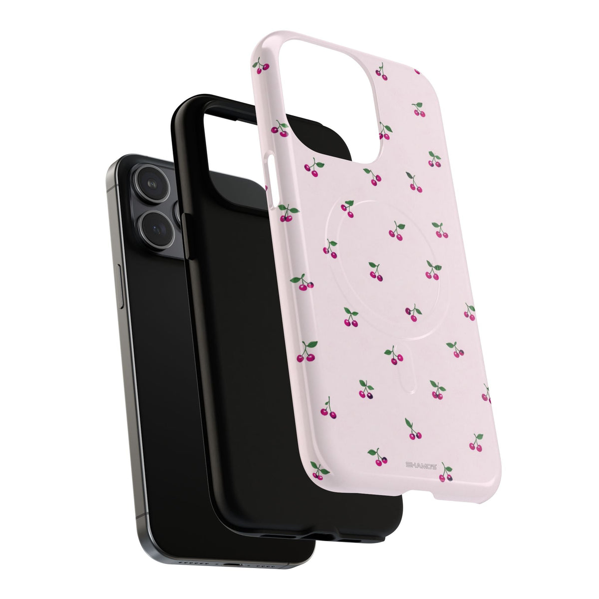 Exploded cherry-pattern case showing a triple-camera phone, liner and shell #iphone-16-pro-max