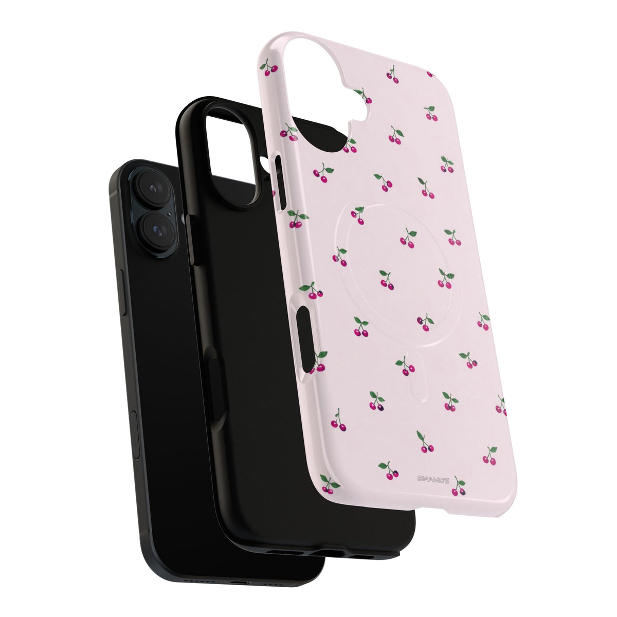 Exploded cherry-pattern case showing a vertical dual-camera phone, liner and shell #iphone-16