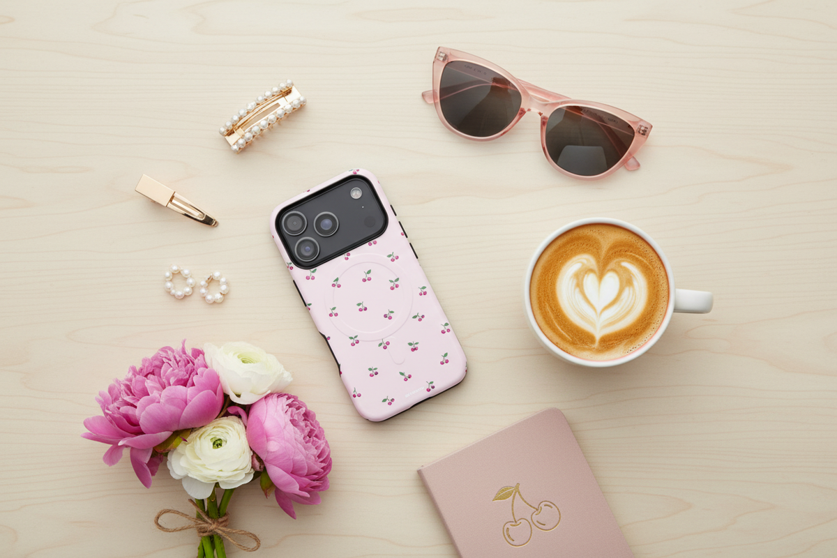 Cherry-pattern pink case in a top-down flat lay with flowers and coffee #iphone-18-pro