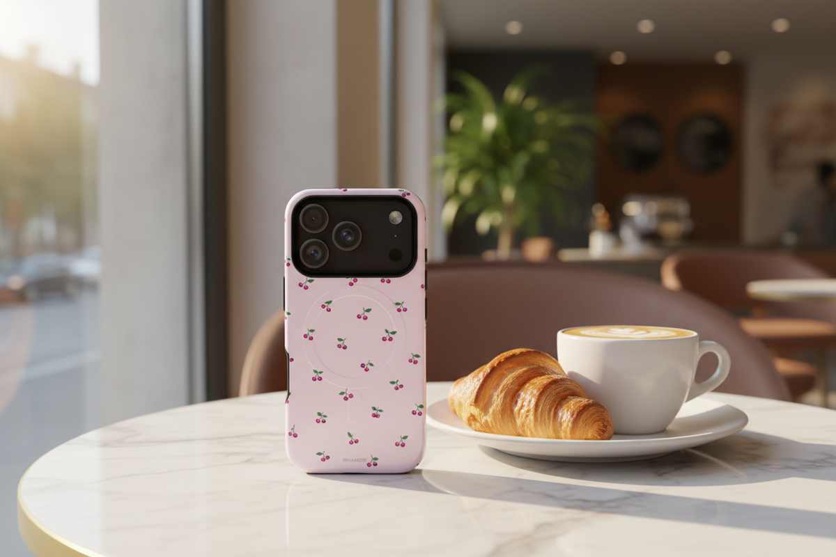 Cherry-pattern pink case standing on a cafe table beside coffee and a croissant #iphone-18-pro