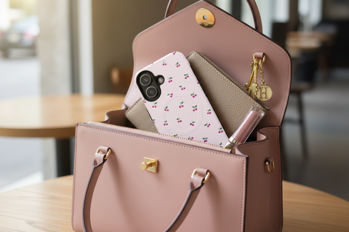 Cherry-pattern pink vertical dual-camera case inside a pink handbag #iphone-16-plus
