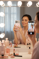 Boss Lady pink beauty card-slot case with wide triple-camera opening in a vanity mirror selfie scene #iphone-18-pro