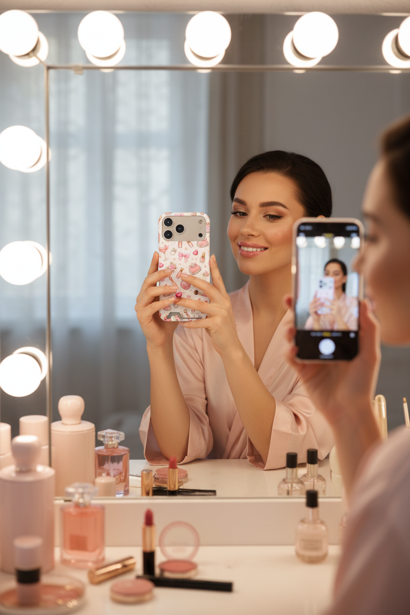 Boss Lady pink beauty card-slot case with wide triple-camera opening in a vanity mirror selfie scene #iphone-18-pro