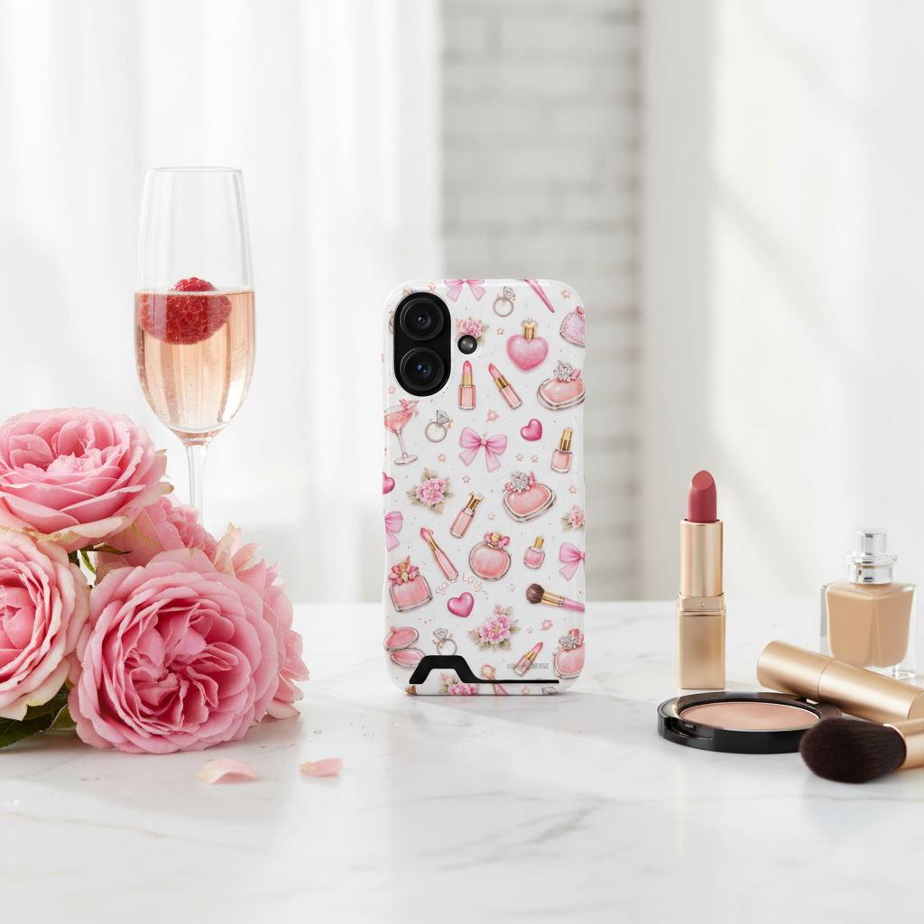 Boss Lady pink beauty card-slot case with vertical dual-camera opening on a cosmetics vanity #iphone-16