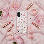 Boss Lady pink beauty card-slot case with vertical dual-camera opening in a pink satin flatlay #iphone-16-plus