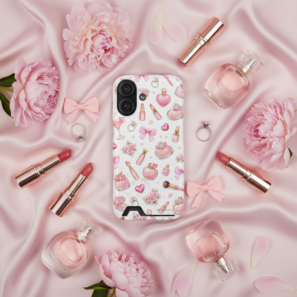 Boss Lady pink beauty card-slot case with vertical dual-camera opening in a pink satin flatlay #iphone-16-plus