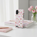 Boss Lady pink beauty card-slot case with vertical dual-camera opening beside books and tulips #iphone-16-plus