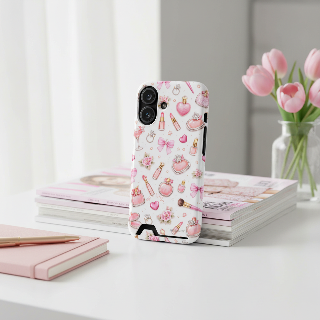 Boss Lady pink beauty card-slot case with vertical dual-camera opening beside books and tulips #iphone-16-plus