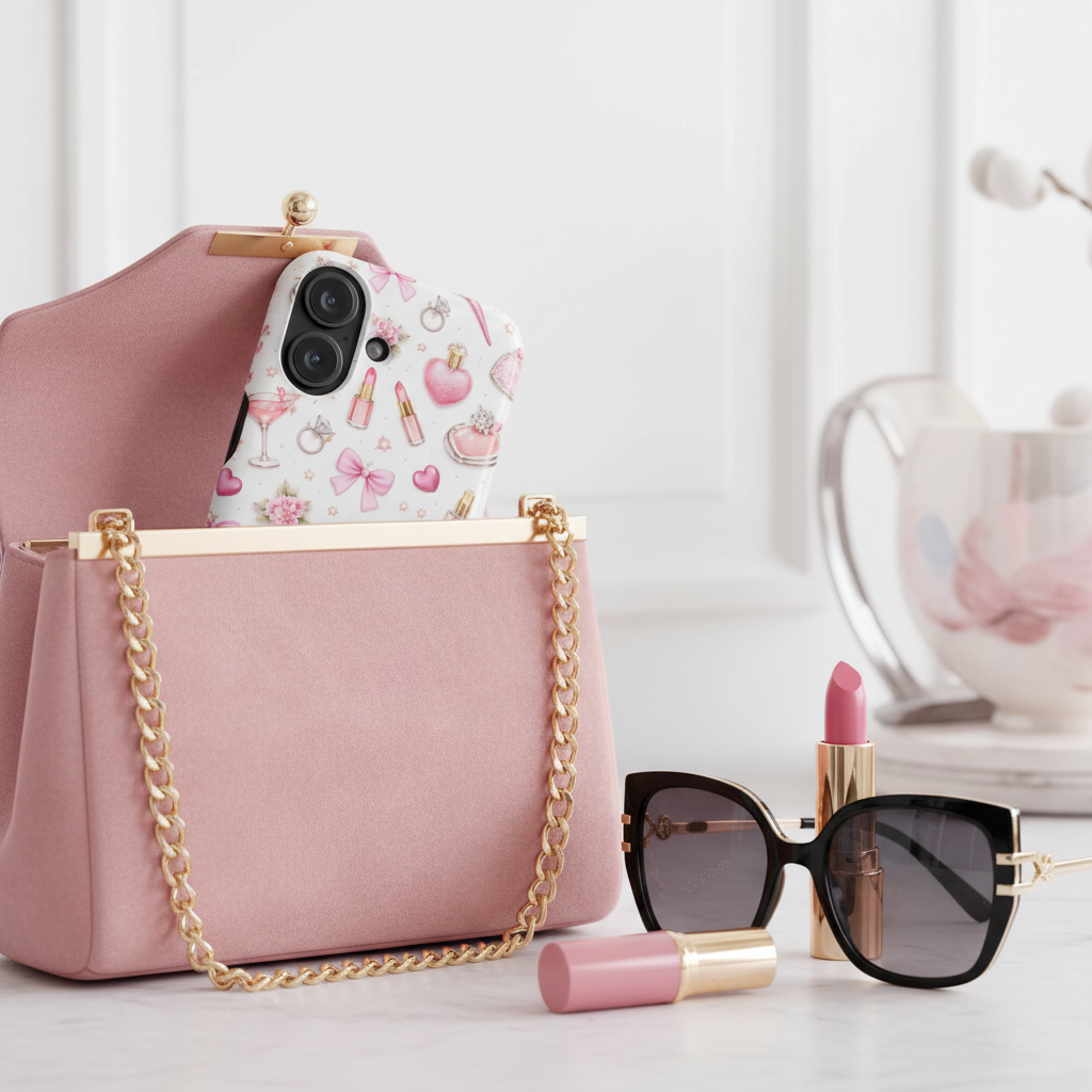 Boss Lady pink beauty case with vertical dual-camera opening inside an open pink handbag #iphone-16-plus