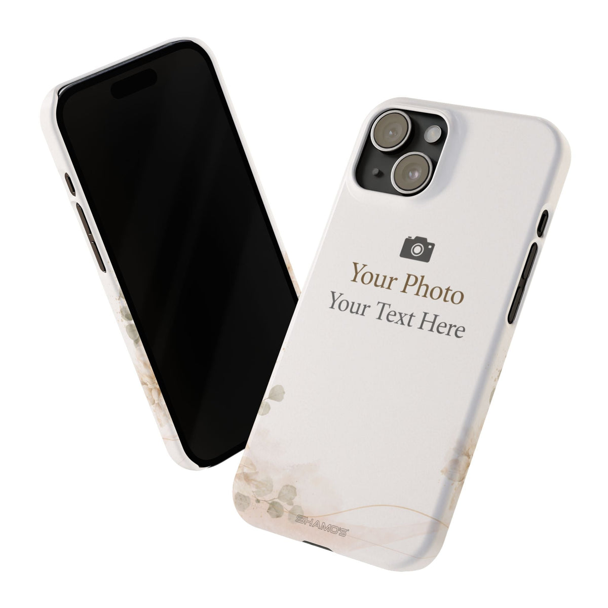 Angled front and rear views of the personalized slim floral phone case with a diagonal dual-camera opening #iphone-15-plus