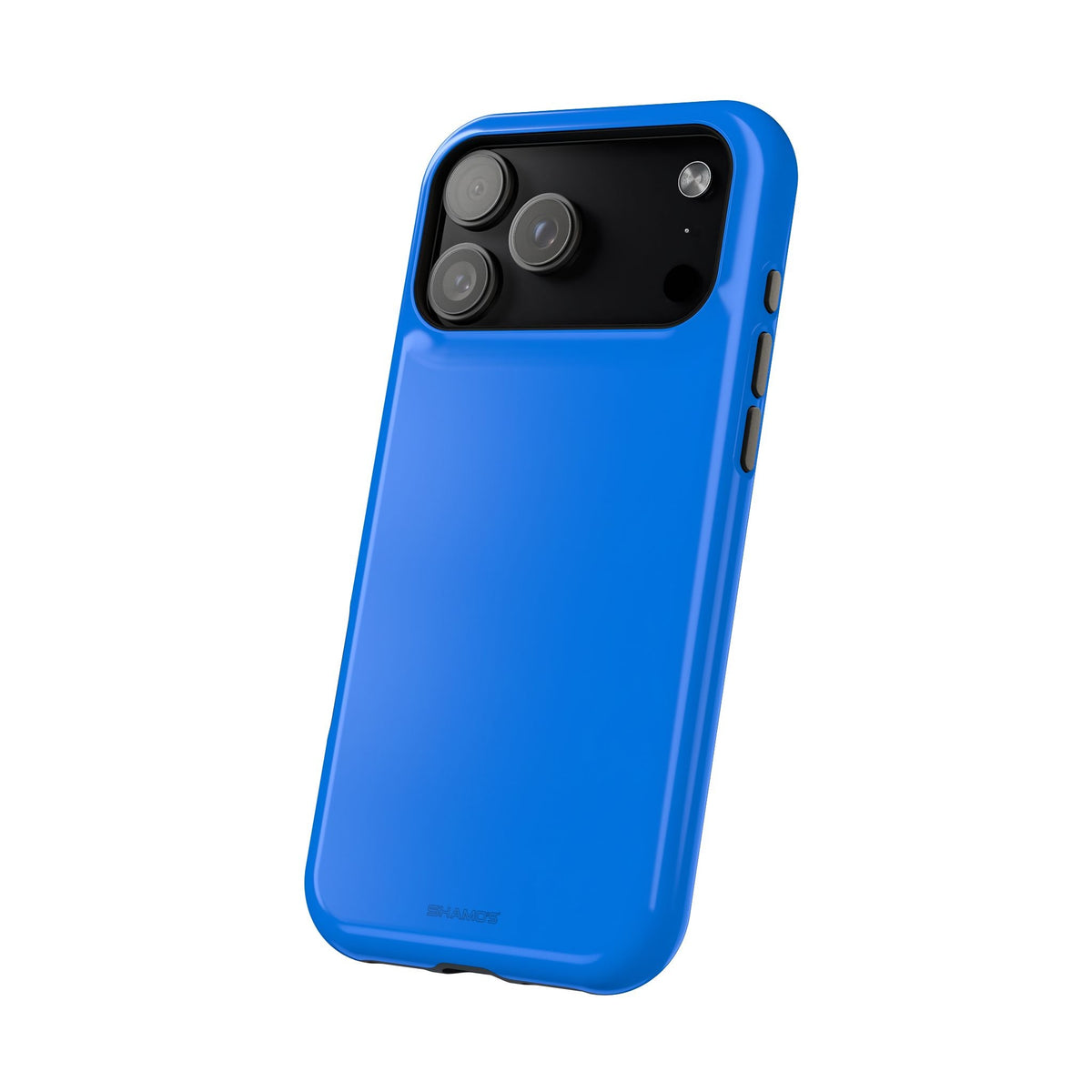 Three-quarter rear view of a cobalt blue wide-triple-camera case and side controls #iphone-17-pro-max