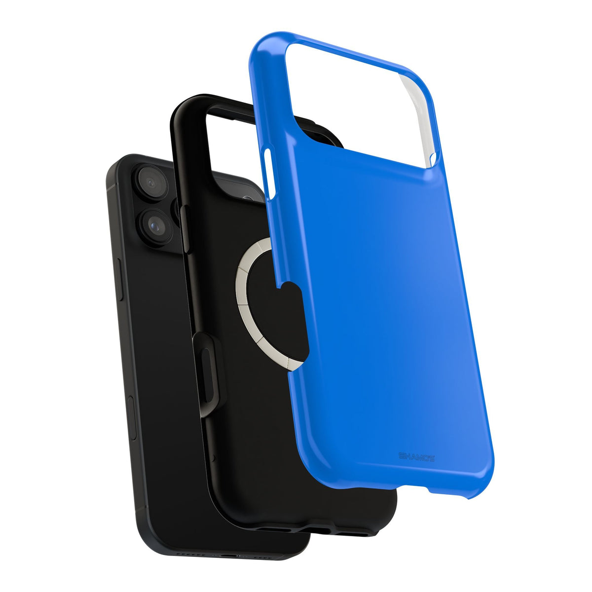 Exploded cobalt blue wide-triple-camera case with phone, magnetic-ring liner and outer shell #iphone-18-pro