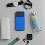 Cobalt blue wide-triple-camera case with fitness accessories, earbuds and a water bottle #iphone-18-pro