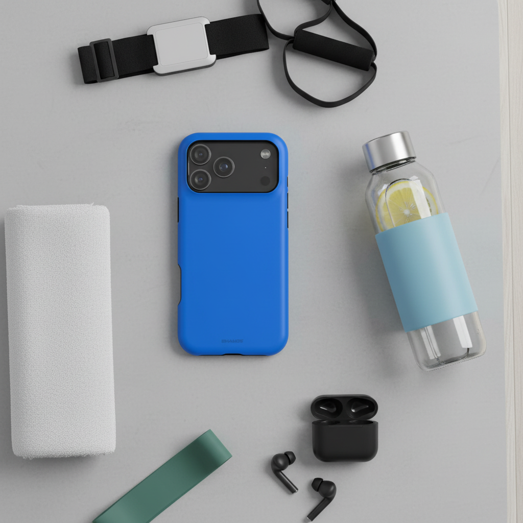 Cobalt blue wide-triple-camera case with fitness accessories, earbuds and a water bottle #iphone-18-pro
