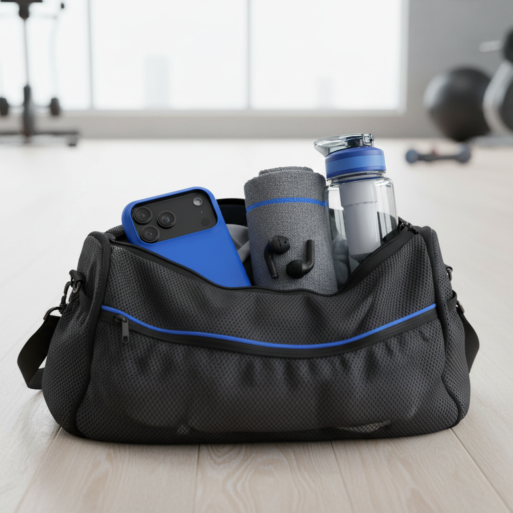 Cobalt blue wide-triple-camera case tucked into a gym bag with a towel and bottle #iphone-17-pro