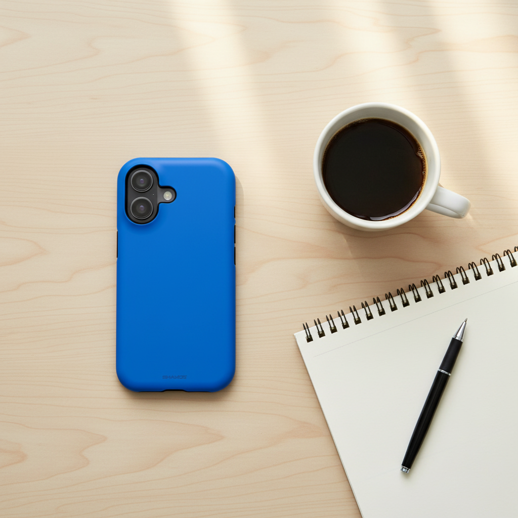 Cobalt blue vertical-dual-camera case beside coffee, a notebook and pen #iphone-16-plus