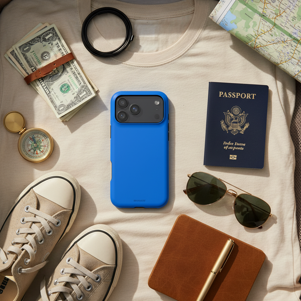 Cobalt blue wide-triple-camera case in a travel flat lay with passport, map and notebook #iphone-18-pro