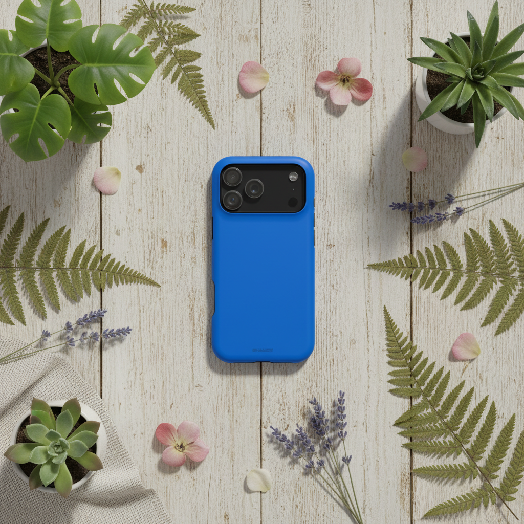 Cobalt blue wide-triple-camera case surrounded by leaves, succulents and petals #iphone-17-pro-max