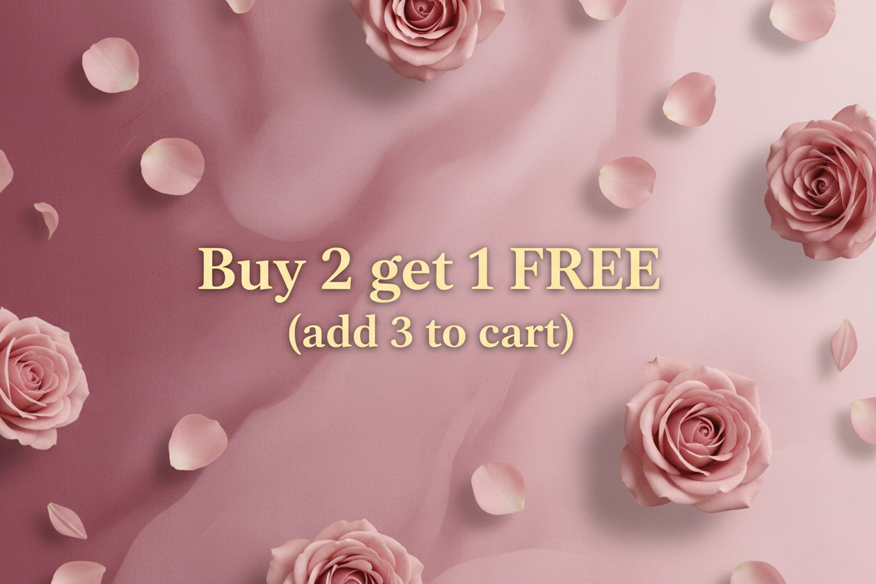 generate a very wide banner with rose stylish background and flying rose roses with text Buy 2 get 1 FREE (add 3 to cart)