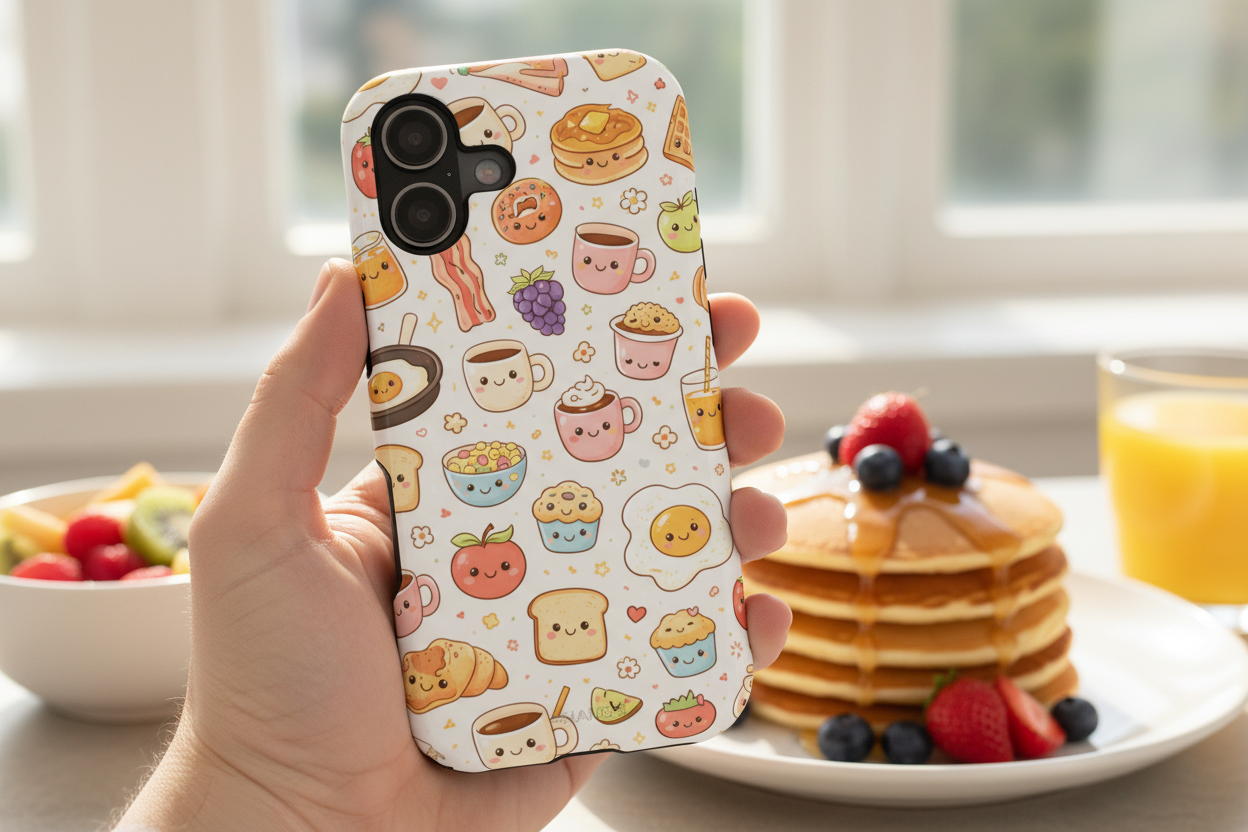 Hand holding case at brunch