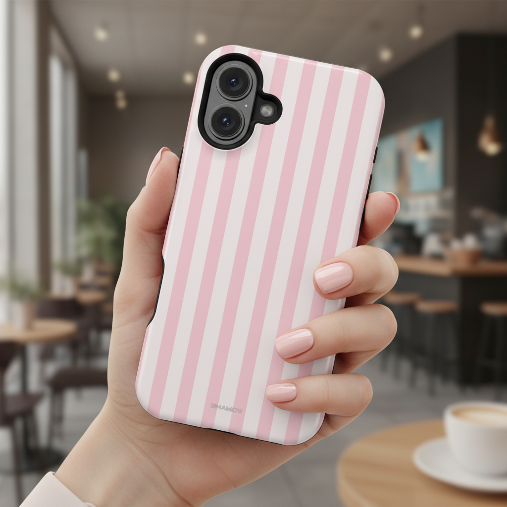 Hand holding pink stripe case - close up