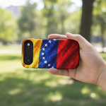 Hand holding Venezuelan flag case outdoors