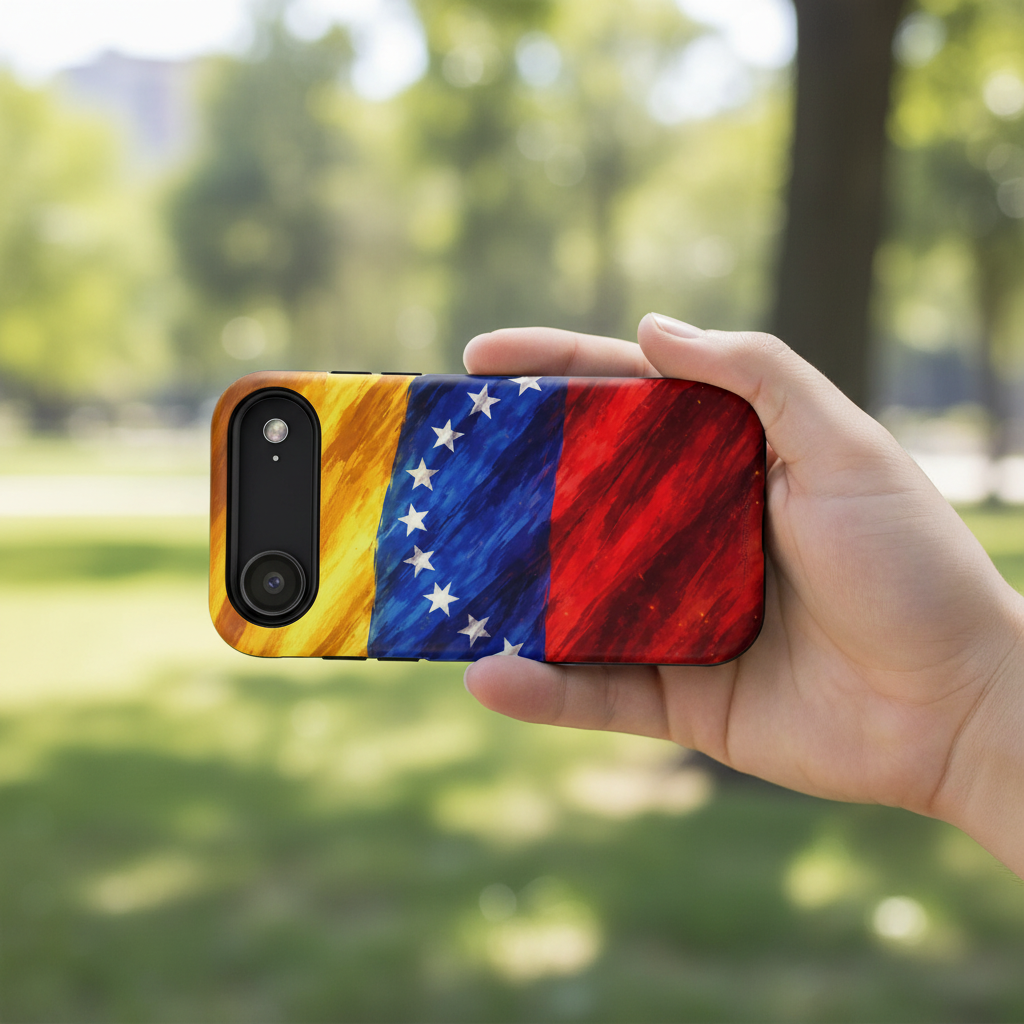 Hand holding Venezuelan flag case outdoors