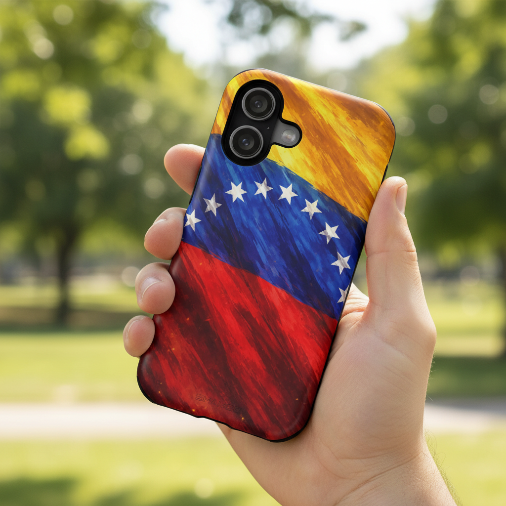 Hand holding Venezuelan flag case outdoors