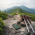 Hiking boots and poles