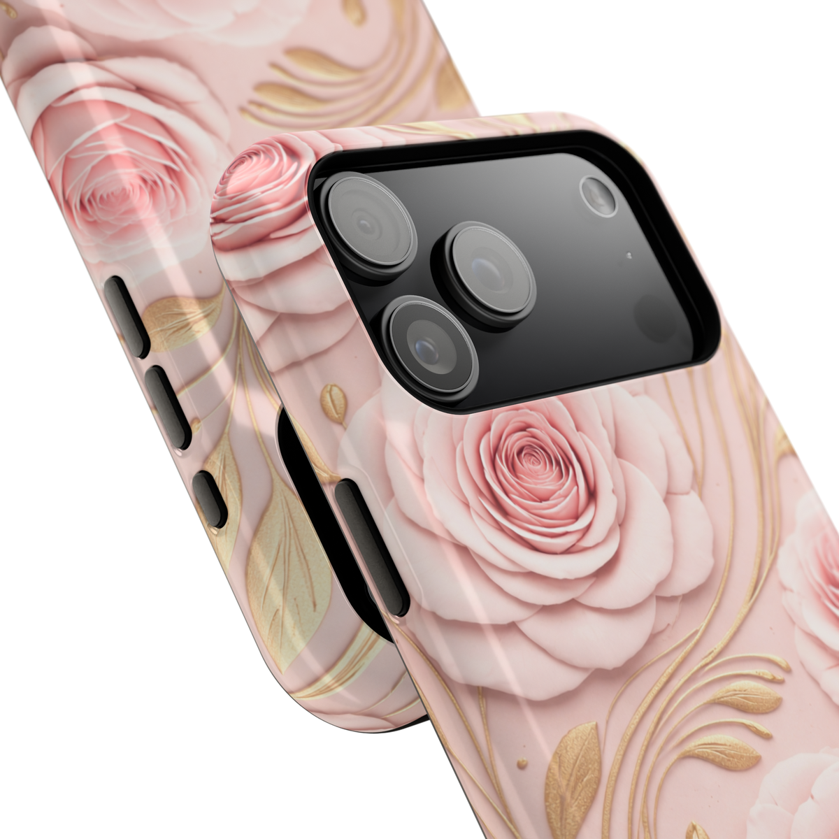 MagSafe iPhone-Hülle mit rosa Rosenmuster, Goldblatt-Magnet und stoßfest