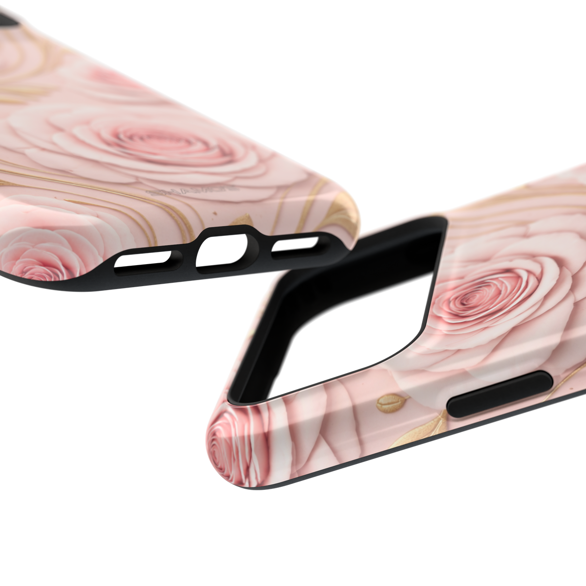 MagSafe iPhone-Hülle mit rosa Rosenmuster, Goldblatt-Magnet und stoßfest