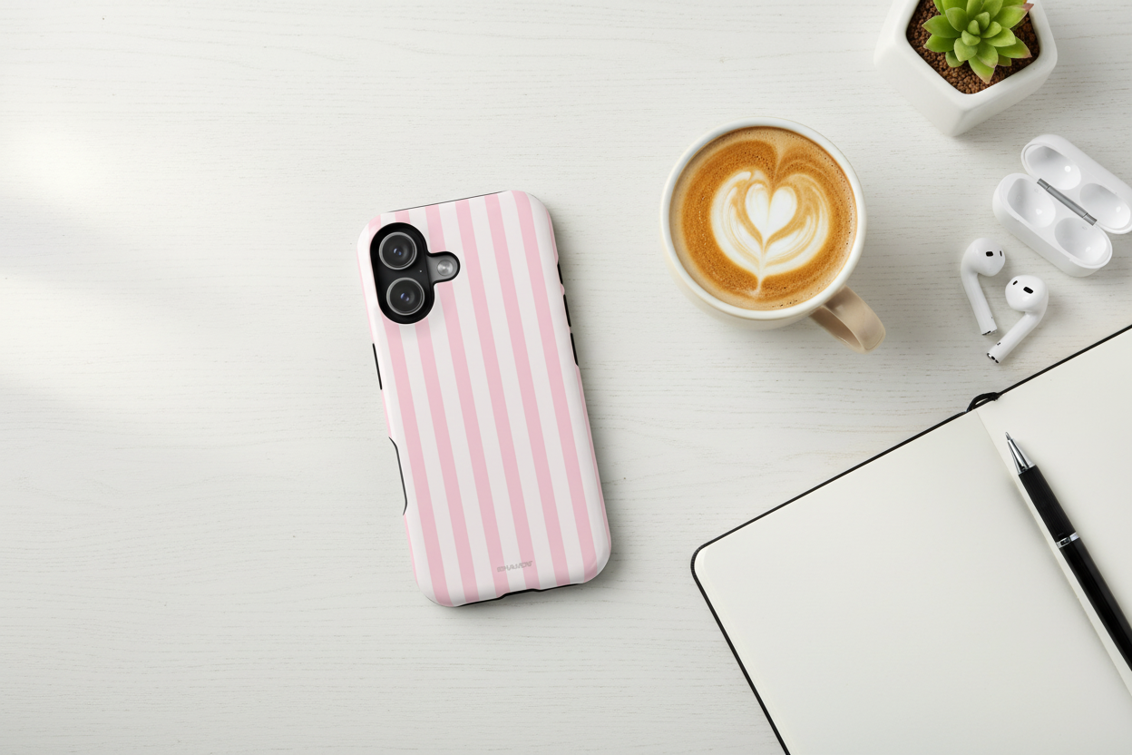 Pink Stripe Phone Case Desk Setup Lifestyle