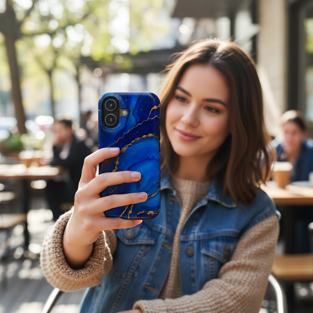 Blue Gold Marble iPhone 17 Case - Lifestyle Selfie
