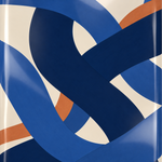 Close-up of Indigo Loom's blue, ivory and copper ribbon artwork with glossy reflections