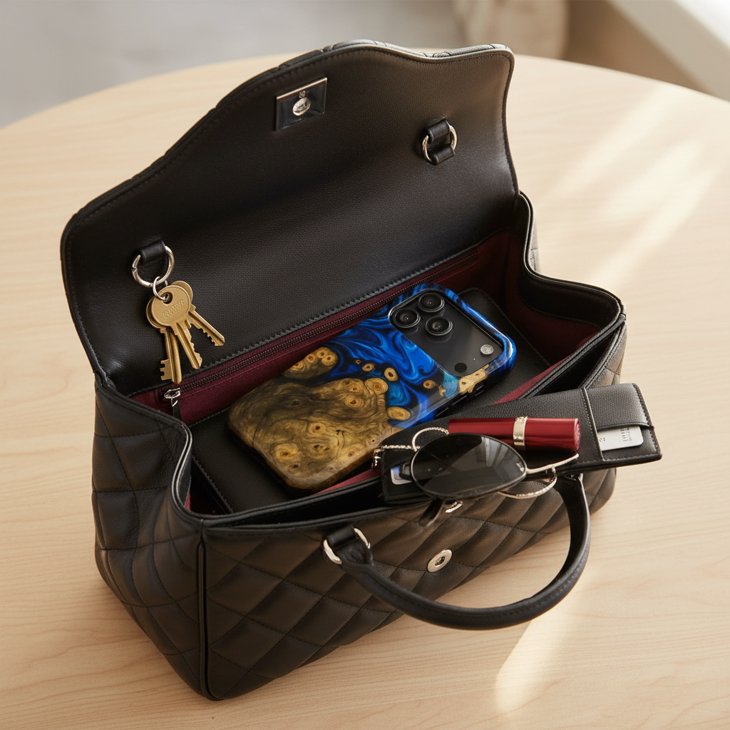 Inside designer handbag