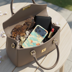 Inside designer handbag