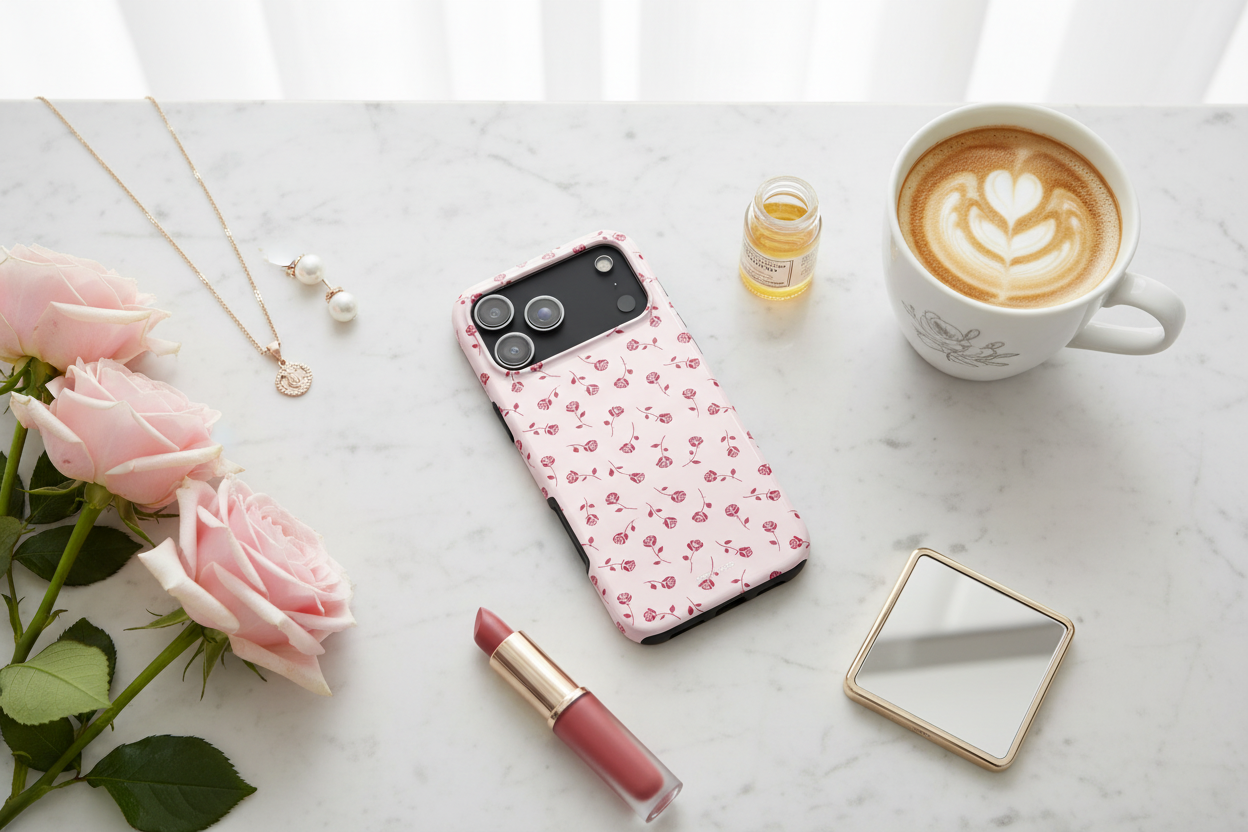 Lifestyle flat lay - iPhone 17 with pink rose case on desk
