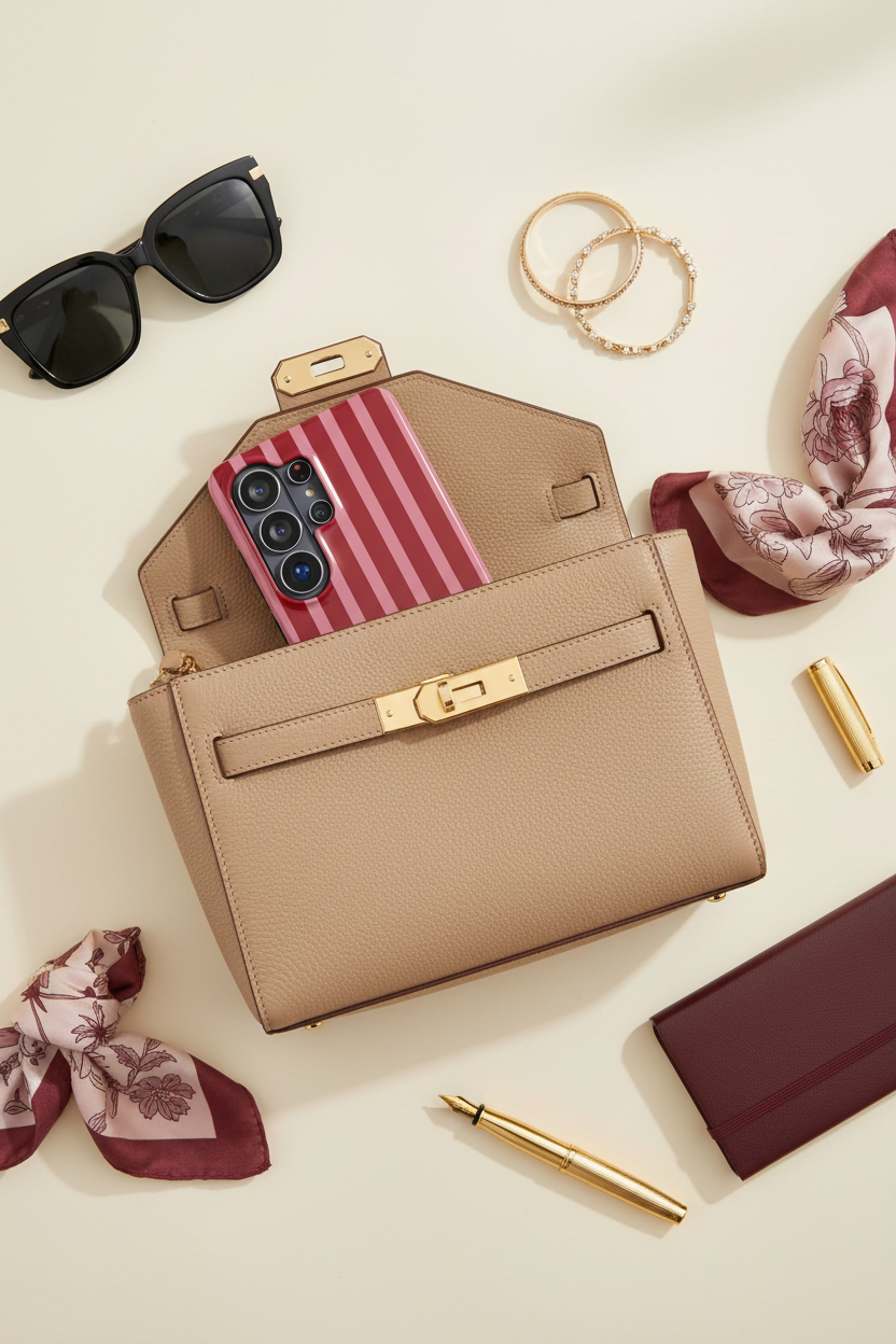 Luxury handbag flatlay