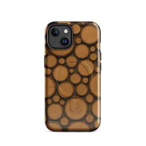 Back view of a phone case with a pattern of round golden-brown wood slices