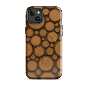 Back view of a phone case with a pattern of round golden-brown wood slices