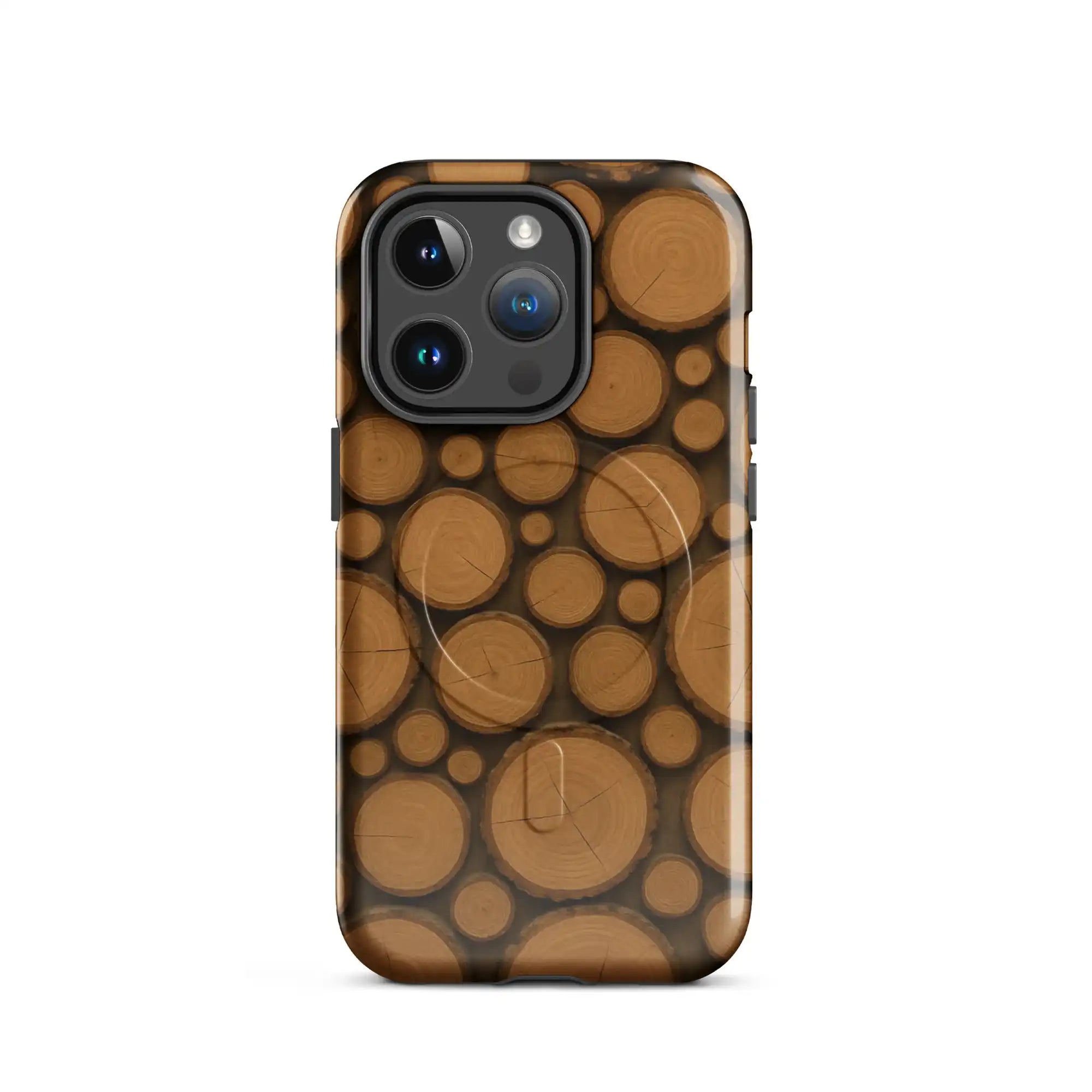 Back view of a phone case with a pattern of round golden-brown wood slices