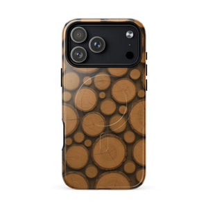 Back view of a phone case with a pattern of round golden-brown wood slices