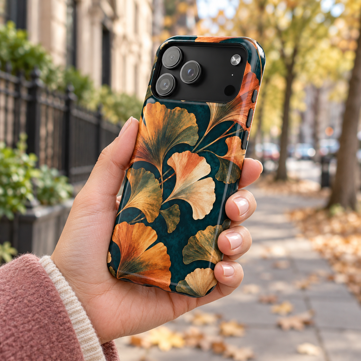 Adult woman holding the Nocturne Ginkgo iPhone 18 Pro Max case outdoors, angled to show the back and side #iphone-18-pro-max