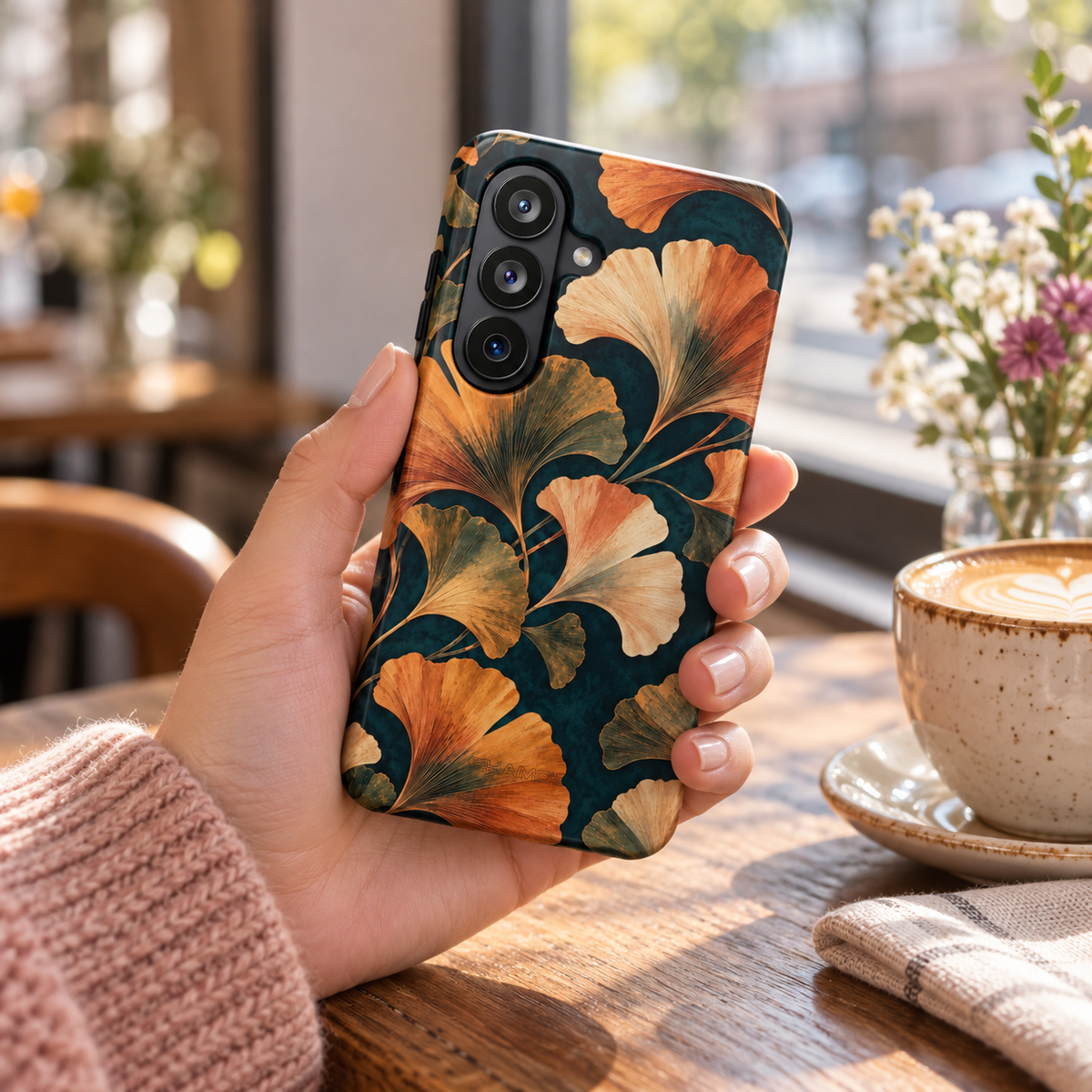 Adult woman holding the Nocturne Ginkgo Samsung Galaxy S26 case at a cafe #samsung-galaxy-s26