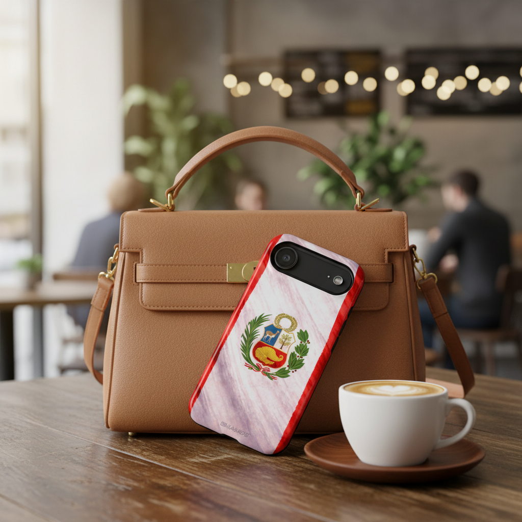 Peruvian flag case with purse at café
