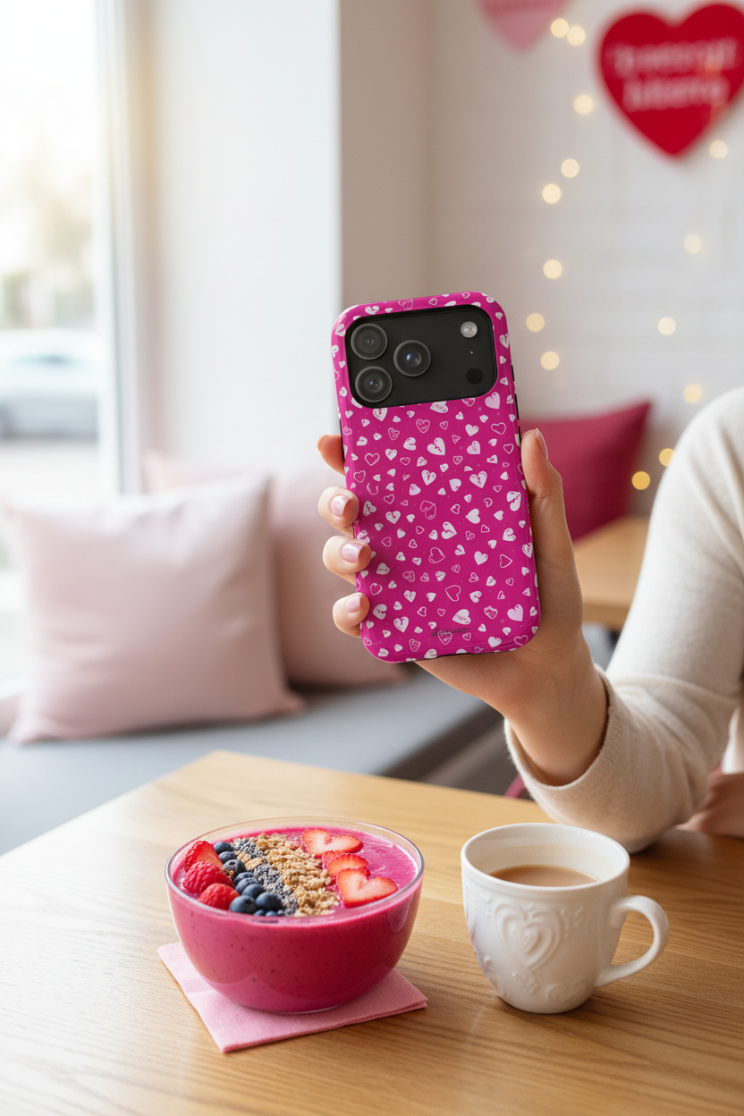 Pink hearts phone case at cafe