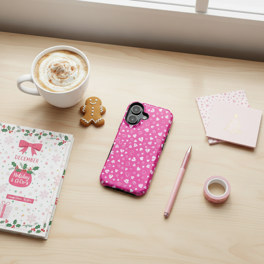 Pink hearts phone case holiday workspace