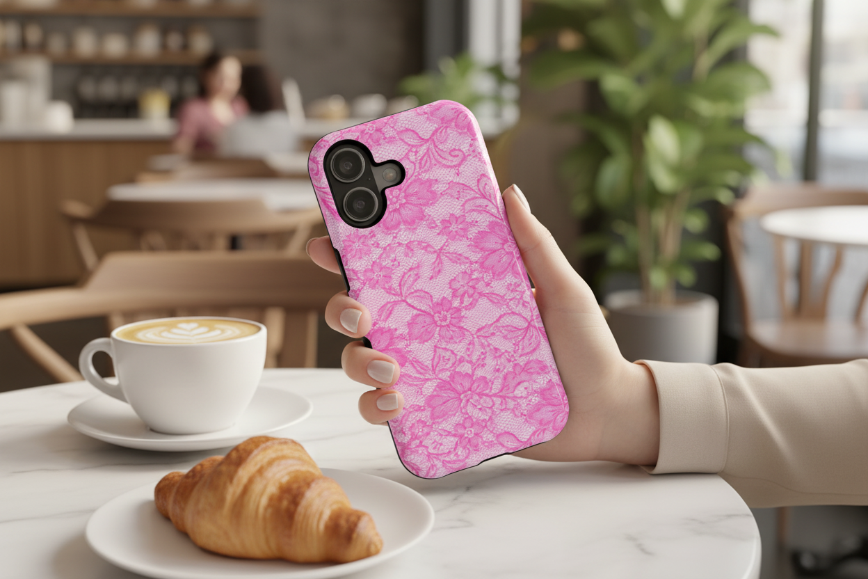 Pink lace phone case at cafe