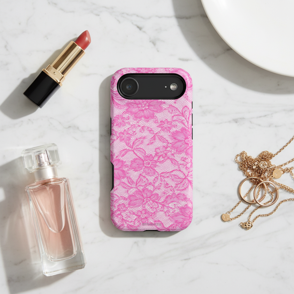 Pink lace phone case flat lay