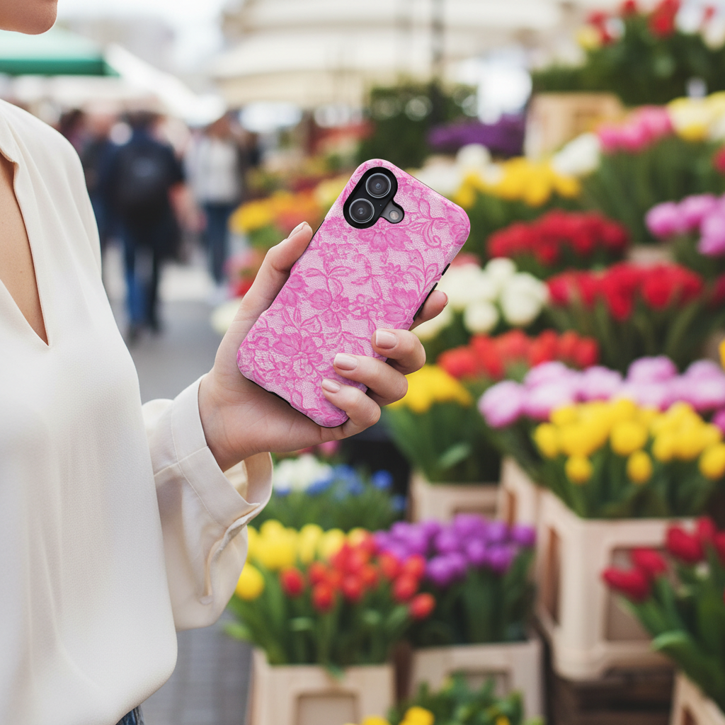 Pink lace phone case flower market